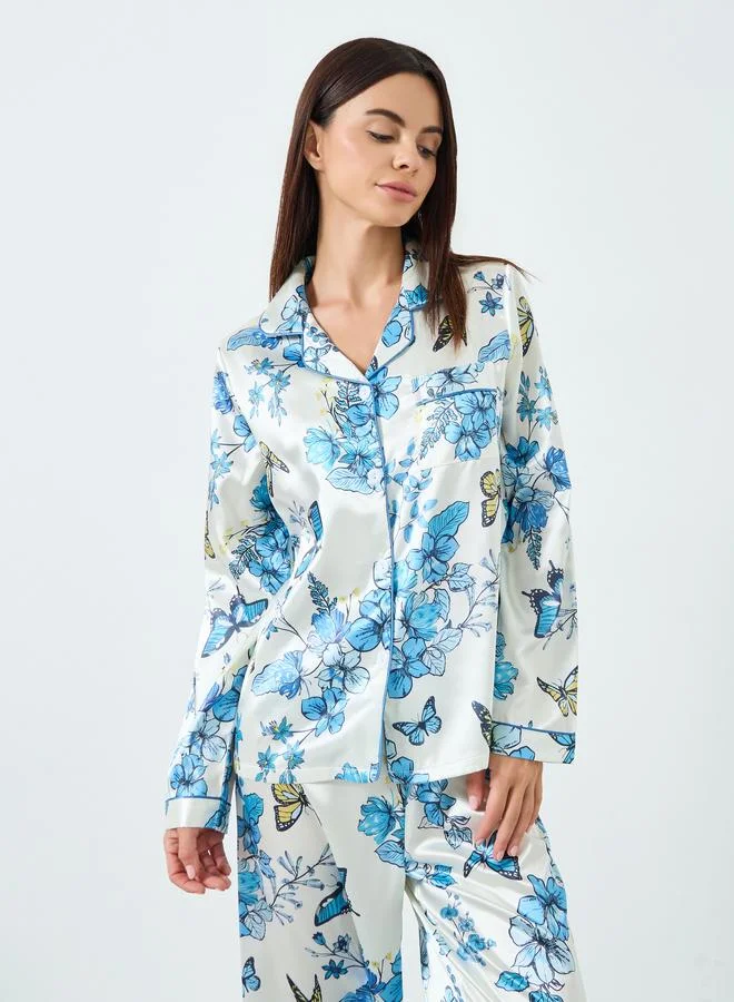 تايك تو طقم بيجاما وقميص ساتان بطبعة زهور